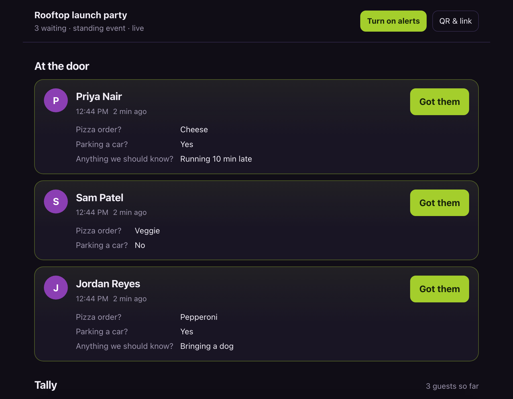 The host dashboard showing three guests waiting, each with their answers, above a tally of the pizza order