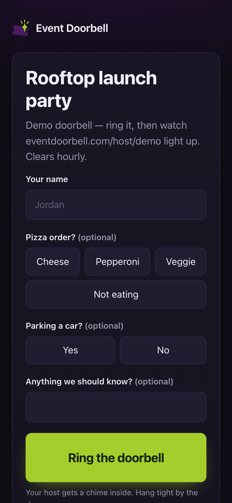 The guest page on a phone: event name, name field, pizza and parking questions, and a large Ring the doorbell button